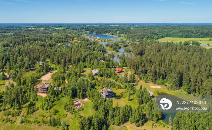 Aerial view of Amatciems ecological village, Latvia - landscaped nature area for rich people