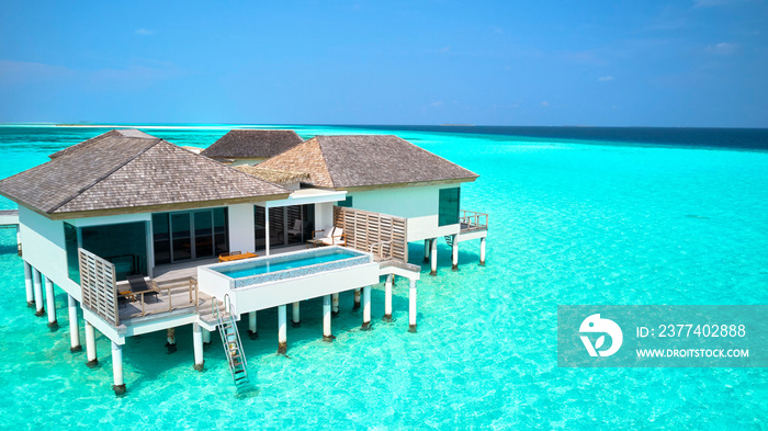 Beautiful view of Le Meridien Maldives Resort & Spa Overwater Villa and blue sky space