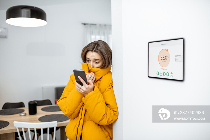 Young woman in winter clothes, feeling cold, waiting for the house to heat up, controlling heating s