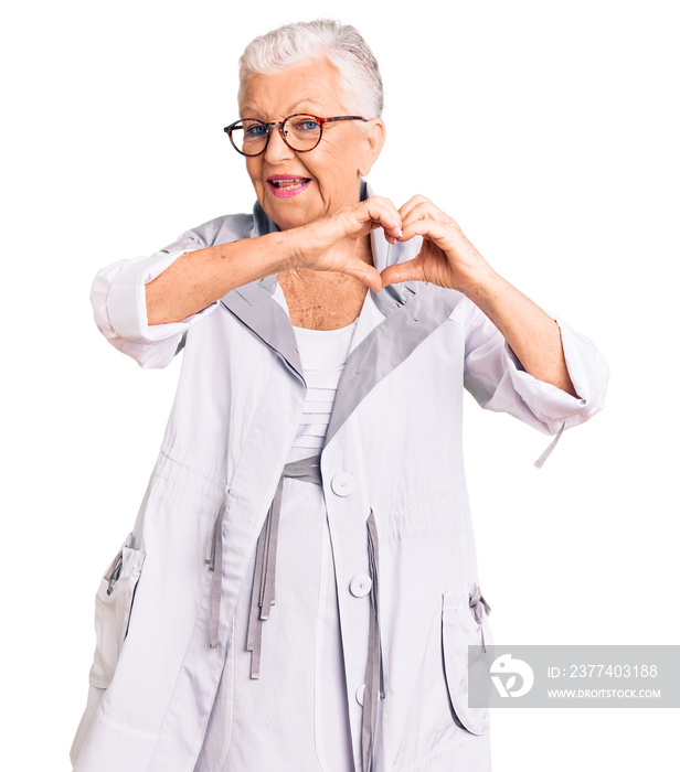 Senior beautiful woman with blue eyes and grey hair wearing casual clothes and glasses smiling in lo