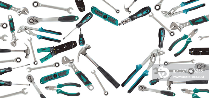 Heart shaped of service tools on white background.