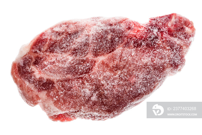 Frozen raw pork neck chops meat steak isolated on white.