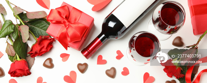 Concept of Valentines day with different accessories on white background