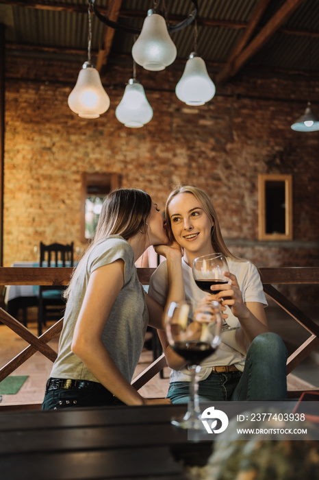 An attractive young woman whispers a secret in the ear of a friend in the restaurant.