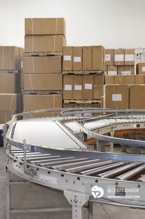 Cardboard boxes and conveyor belt in distribution warehouse