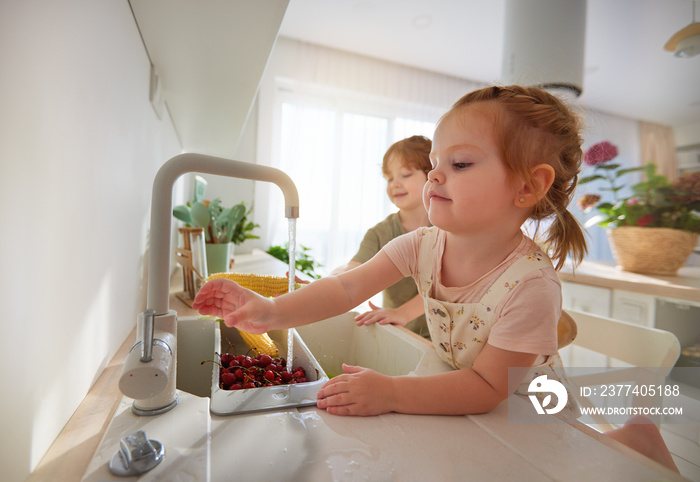 cute kids, siblings washing corn and cherries under the tap water at the kitchen at home