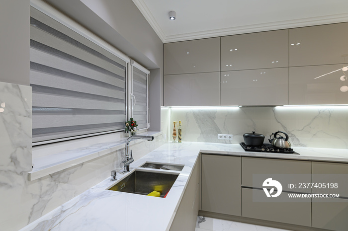 Luxury white modern marble kitchen in studio space