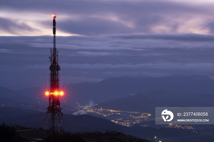 Telecommunication tower on Mount Jaizkibel with the city of Donostia in the background, Euskadi