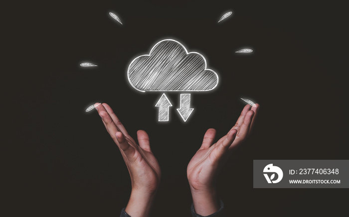 Two hand holding white cloud computing icon from hand drawing , Cloud computer technology is storage