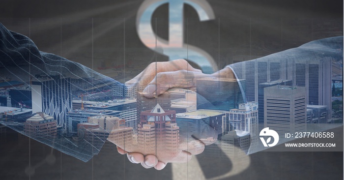 Composition of businessmen shaking hands with american dollar symbol and cityscape