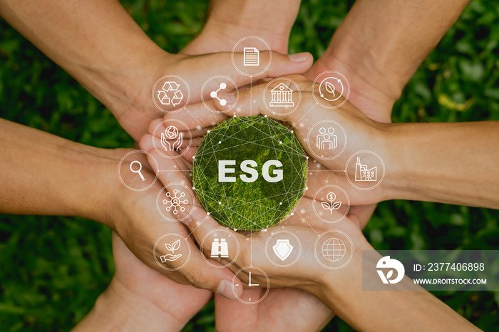 ESG icon concept in the people hand for environmental, social, and governance by using technology of