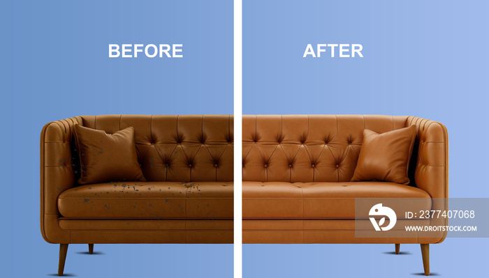 Before and after cleaning sofa. Blue soft sofa dirt. dirty half and clean half. dry cleaning company