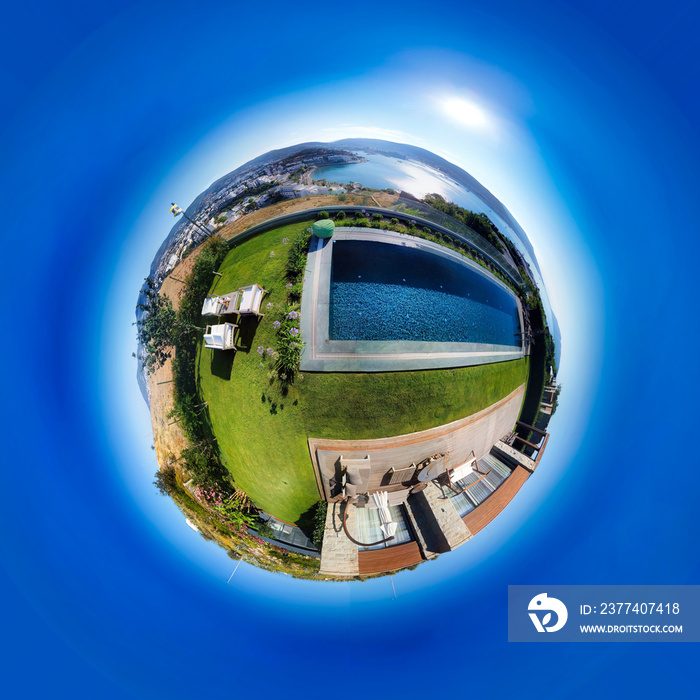 360 little planet of apartment buildings, modern villa pool and beautiful landscapes with sea. 360 d