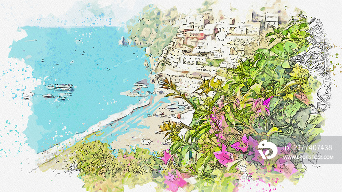 Watercolor drawing  small town of Amalfi famous landmark of Italy, Sorrento, Italy.