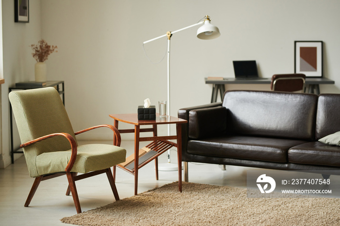 Modern interior of psychologist office with comfortable sofa and armchair