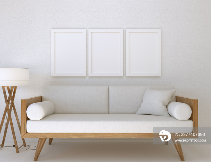 3D Illustration. Mockup of three blank poster frames hanging on the wall.