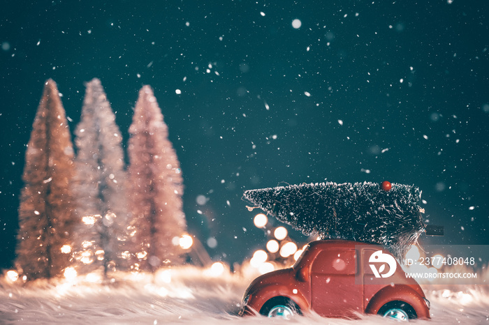 Christmas decoration with snow and little red car