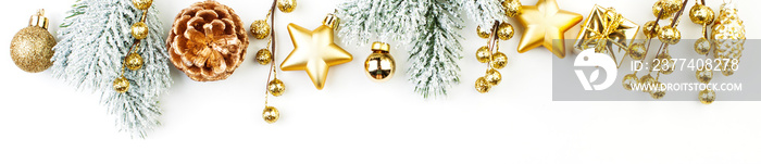 Christmas concept. Xmas composition border with green fir branch and golden decor on white backgroun