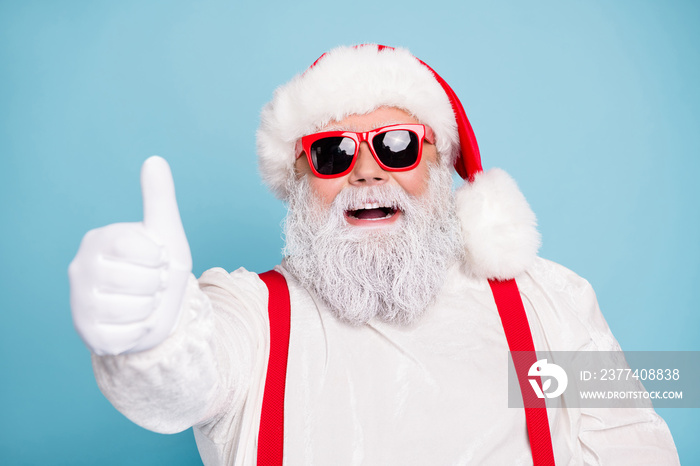 Close up photo of funny funky fat overweight santa claus have modern hipster eyeglasses show thumb u