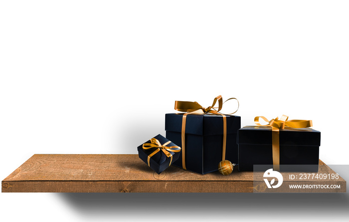 Wooden texture background. Christmas gift boxes table