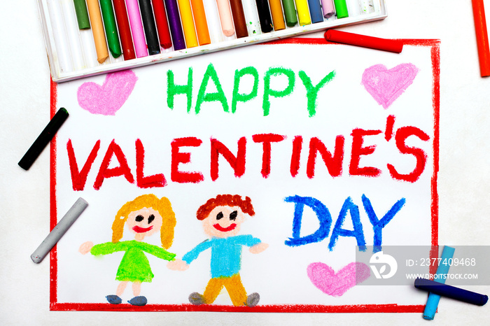 Colorful drawing: Valentines Day card with happy  couple and pink hearts