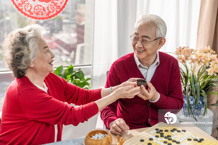 快乐的老年夫妇喝茶下围棋