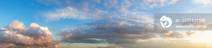 Beautiful Panoramic View of Cloudscape during a colorful sunset or sunrise. Taken on the West Coast of British Columbia, Canada.