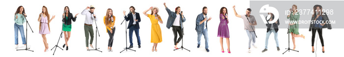 Set of people singing in microphones on white background