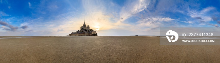 Beautiful 360 degree panorama of historic landmark Le Mont Saint-Michel in Normandy, France, a famous UNESCO world heritage site and tourist attraction, at sunset