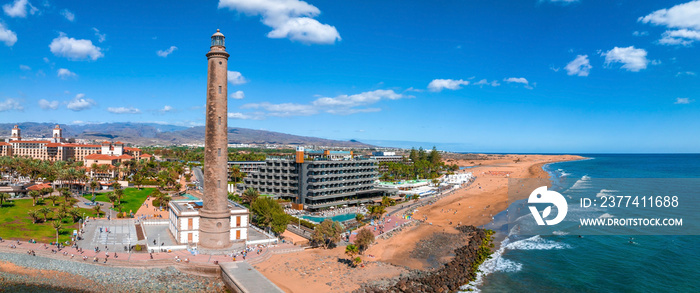 Panoramic aerial view of the Maspalomas Lighthouse, Grand Canary, Spain.