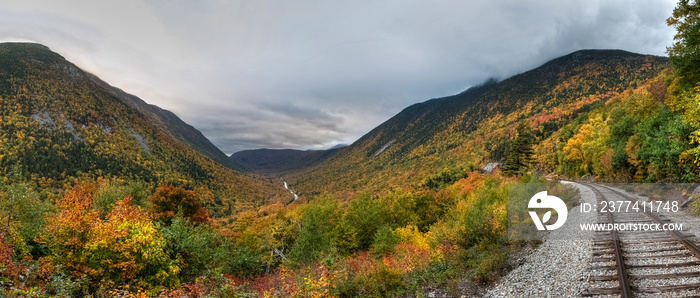 Crawford notch state park and valley in the White mountains forest reserve at Fall with colorful foliage. New Hampshire, USA