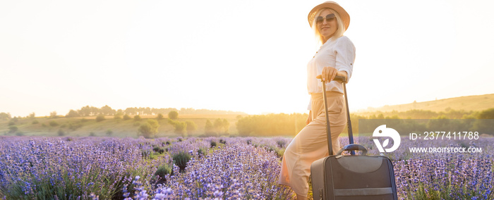 woman with bag in lavender field.