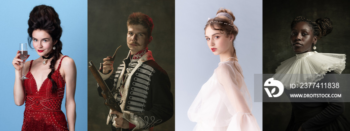 Beautiful women and man as medieval persons or characters from famous artworks in vintage clothing isolated on colored background.