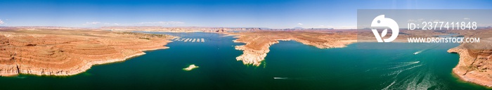 Aerial view of the Lake Powell from above near Glen Canyon Dam and Page town