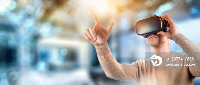 Man touching air during the VR experience game. Virtual reality concept.