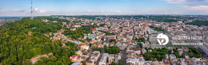 Beautiful aerial view of the Lviv city, historical city center, Ukraine, Western Ukraine. View of the Theatre of Opera and Ballet.