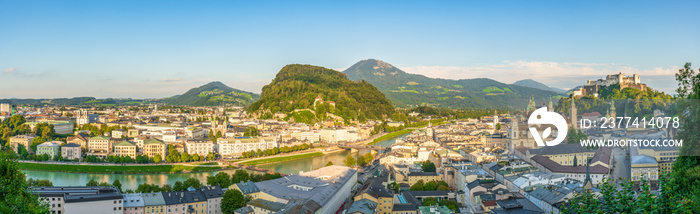 Aerial panorama Salzburg at sunset. Austria