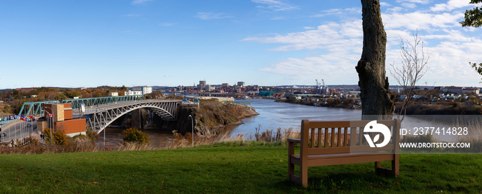 Panoramic View of Reversing Falls Bridge during a sunny day. Taken in Saint John, New Brunswick, Canada