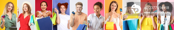 Collage of different people with shopping bags and credit cards on color background