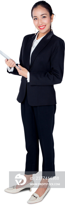 Beautiful young asian business woman holding tablet computer isolated png transparent file, business concept.