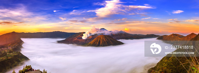 Mount Bromo volcano (Gunung Bromo) during sunrise from viewpoint on Mount Penanjakan in Bromo Tengger Semeru National Park, East Java, Indonesia.