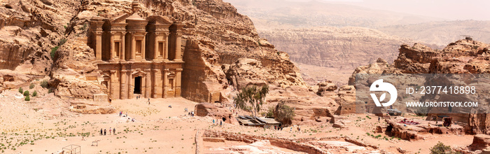 The Monastery (Ad Deir), an example of Nabataean classical style, Petra, Jordan. Panormaic view from surronding cliffs.
