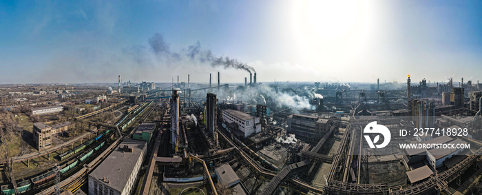 steel plant top view drone shooting industry smoke from chimneys