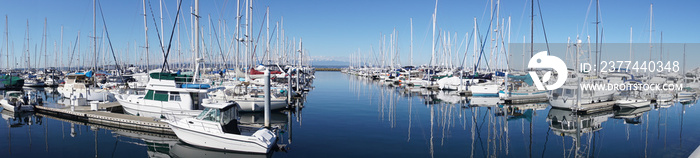 Reflections of sailboats in marina