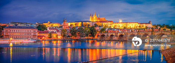 Charles bridge and Prague castle at dusk. Prague,Czech Republic