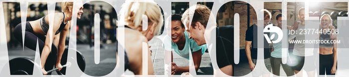 Collage of smiling people doing workouts together at the gym