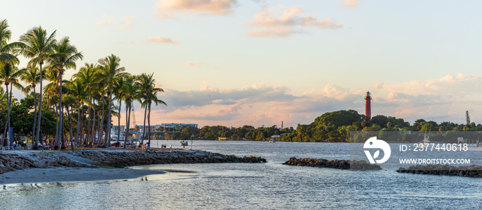 View to the Jupiter lighthouse on the north side of the Jupiter Inlet at sunset.