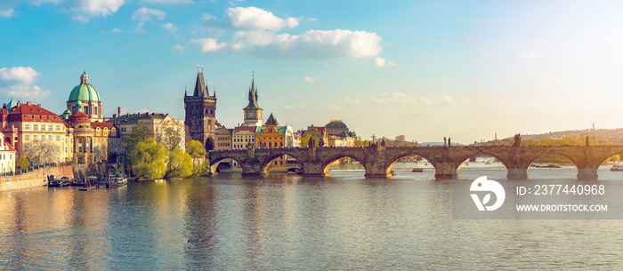 Summer Day  Sunset of  Charles Bridge  in Prague Panorama