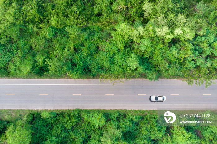 Aerial view of the road passing the forest  with a car passing by