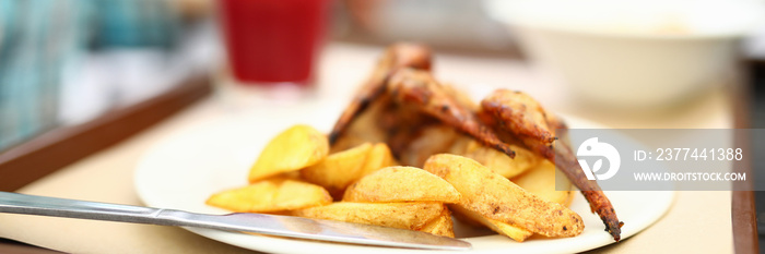 Potatoes and grilled chicken wings on plate. Blog about cooking concept